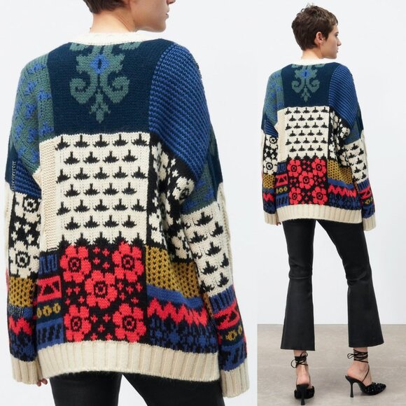 NEW Zara Patchwork Wool Blend Beaded Applique Oversize Limited Edition Sweater M - Picture 2 of 13